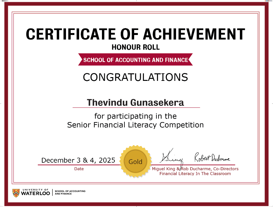 University of Waterloo Senior Financial Literacy Competition certificate — Gold, Honour Roll